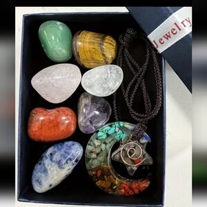 8pcs/Set Natural Stone Polished Pendants, Necklace, Bracelet, And Chart Set.